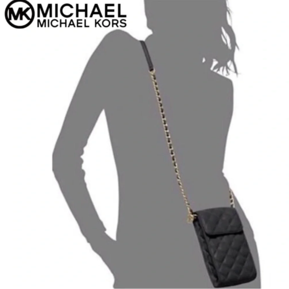 Micheal Kors Sloane black quilted leather crossbody gold hardware snap closure